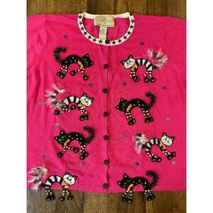 VTG Design Options Cardigan Sweater Womens XXL 2X Cat Whimsical Witchy Y2K Pink